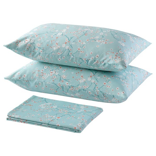 [505.055.64] IKEA ASKLÖNN FLAT SHEET 240X260CM, 2 PILLOWCASE 50X80CM, CHERRY BLOSSOM BRANCH/WHITE/GREEN